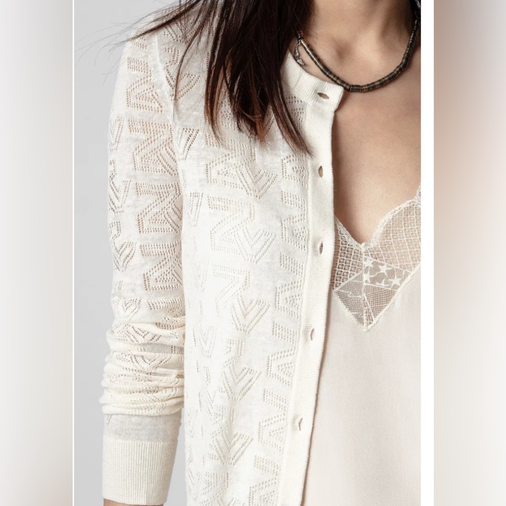 Zadig & Voltaire Monogram Knit Nila Open Front Long Sleeve Cardigan - Picture 2 of 15